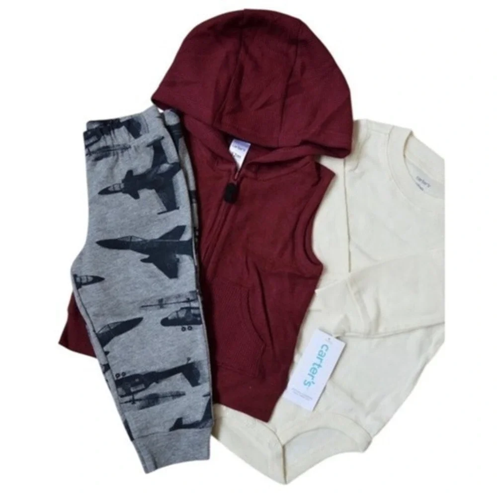 Carter's Airplane Pattern Pants, Hooded Vest & Bodysuit Baby Boy 3 Piece Set 12M